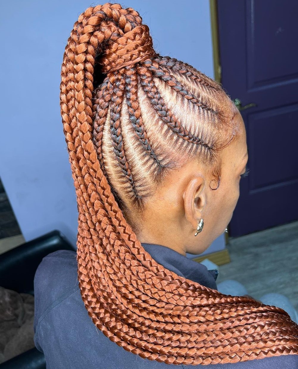 Pony with Red Feed-In Braids