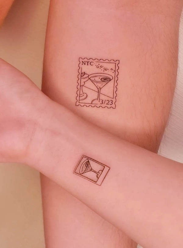 8. "Classy Connections: Postmark and Hourglass-Inspired Couple Tattoos"