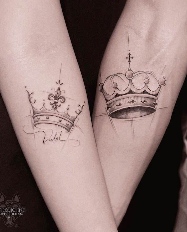 44. Regal Romance: Crown Tattoos That Reign Supreme for Couples