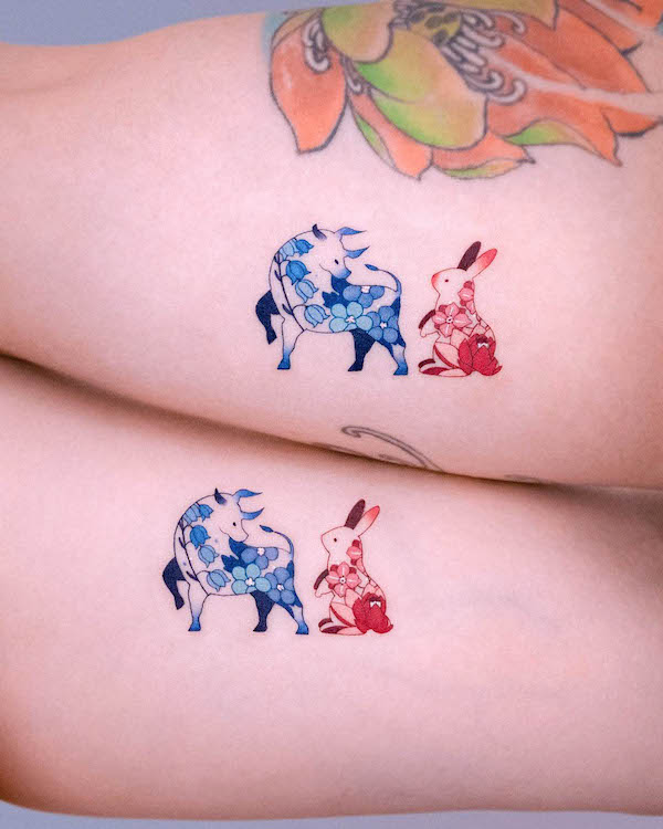 46. Whimsical Harmony of Patterns: Bull and Bunny Duo