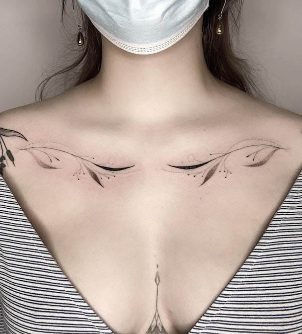 57 Gorgeous Collarbone Tattoos For Women Symmetrical vine tattoos by @alixunderyourskin
