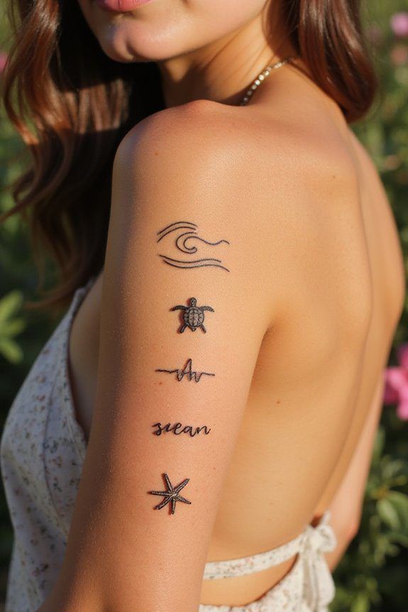 2. A Minimalist Ode to the Ocean: Wave, Turtle, and Starfish Tattoo Design