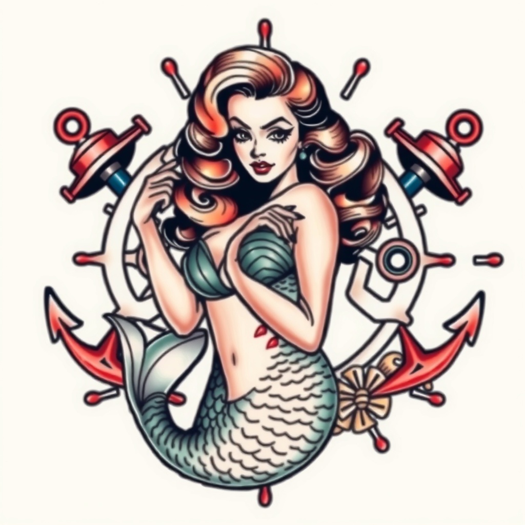 3. "Vintage Mermaid Pin-Up with Nautical Flair"